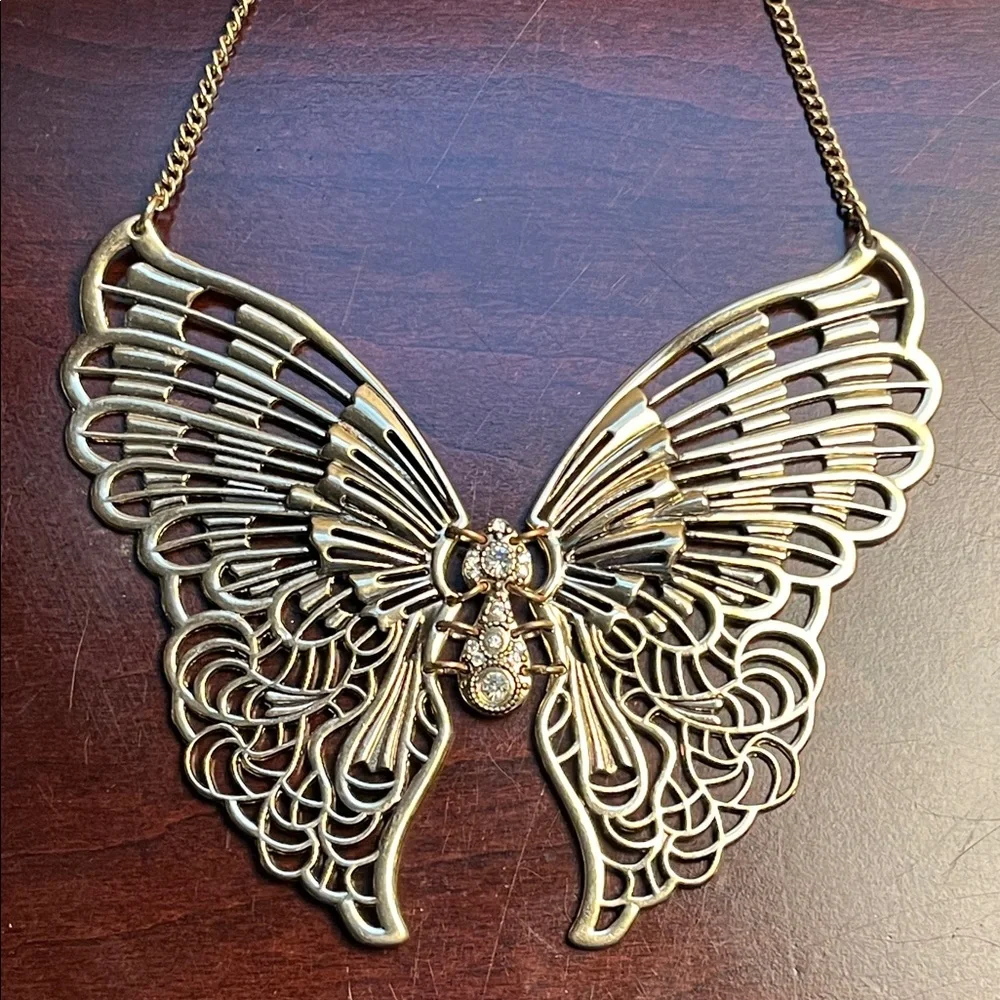 Articulated Butterfly Necklace in Antiqued Gold - Picture 5 of 16